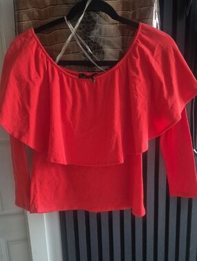 Buffalo David Bitton Red Off-Shoulder Ruffle Long Sleeve Top